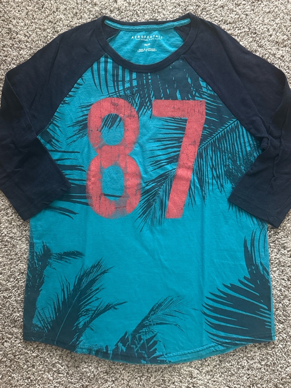 Aeropostale Teal Palm Raglan Tee with Red '87' Graphic